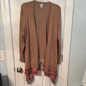 Women's Tan Open Front Sweater with Patterned Hem